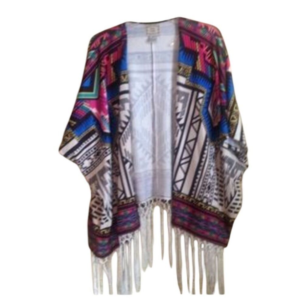 Flying Tomato Multicolor Boho Western Cowgirl Kimono Fringe Top Women's Size M/L